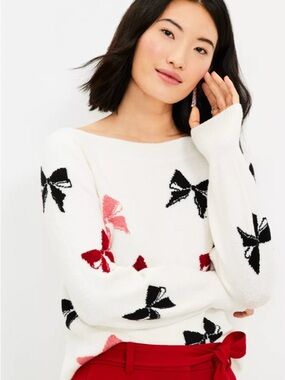Loft Cream Bow Pattern Women's Sweater Large